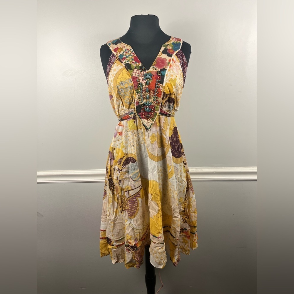 Desigual multi print yellow beaded tie mini dress size 44/ USA 12 100% cotton